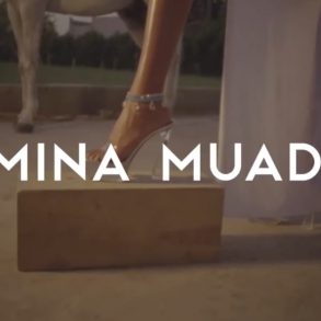 Amina Muaddi Spring 2022 ad campaign film poster with model Imaan Hammam