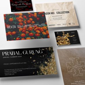 The Best Fashion Show Invitations from NYFW Spring 2024 header image with invites from Tory Burch, Jason Wu, Prabel Gurung, Bevza and more