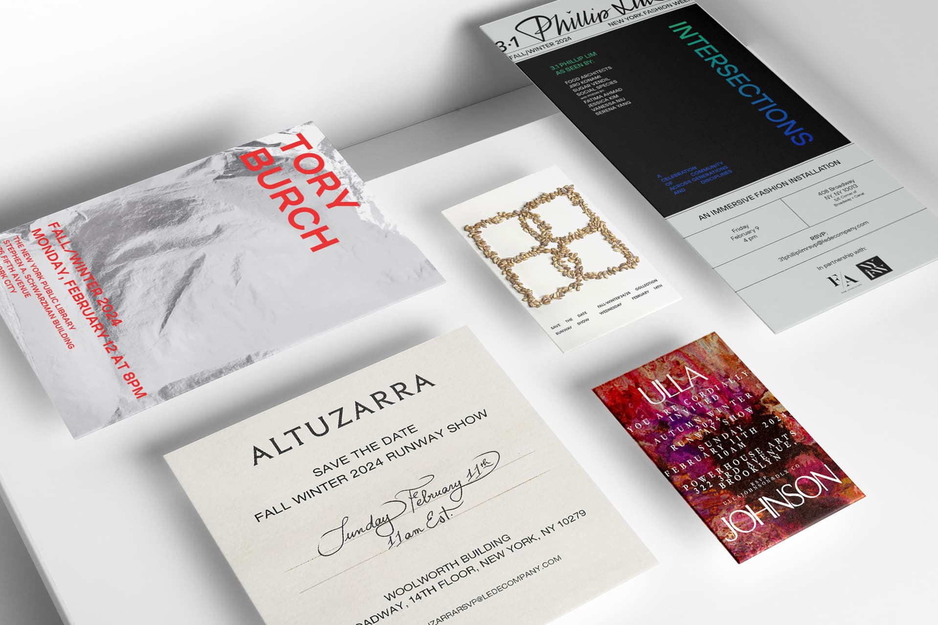 The Best NYFW Fall 2024 fashion show invitations article the impression header featuring invites from Tory Burch, Phillip Lim, Bevza, Ulla Johnson, and Altuzarra
