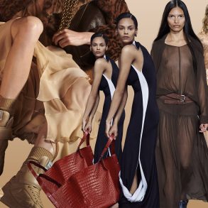 Daring Drapery resort 2025 womenswear trend header image with fashion photos from chloe, louis vuitton & more