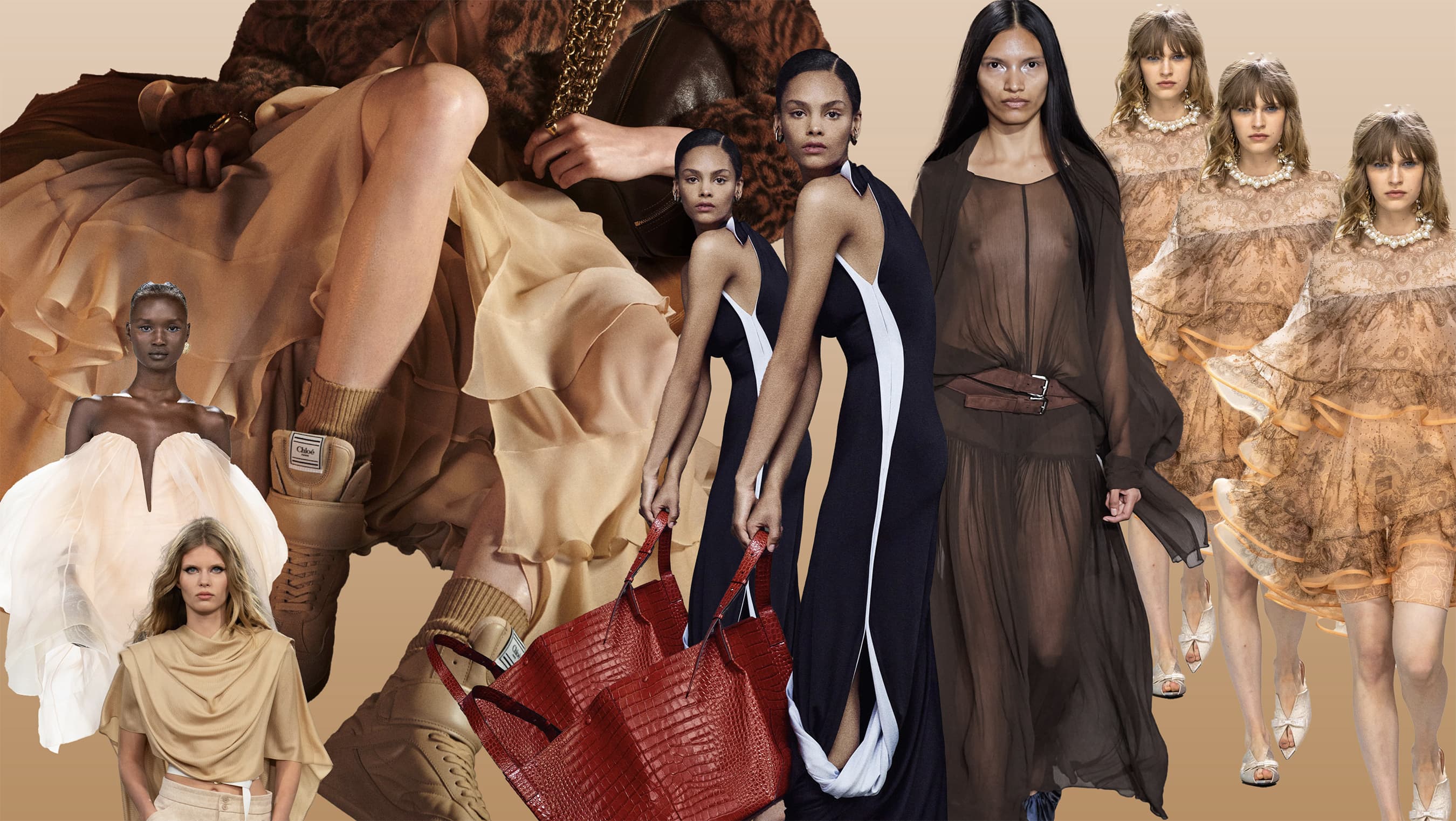Daring Drapery resort 2025 womenswear trend header image with fashion photos from chloe, louis vuitton & more