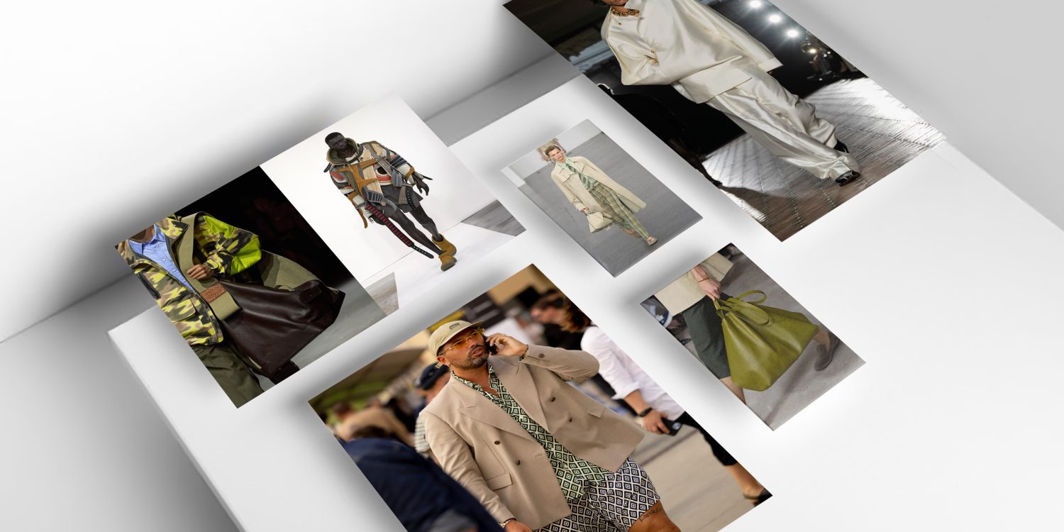Men's Spring 2025 Overview Insights article header by Angela Baidoo with fashion photos from Ami, BlueMarble, Fendi & more