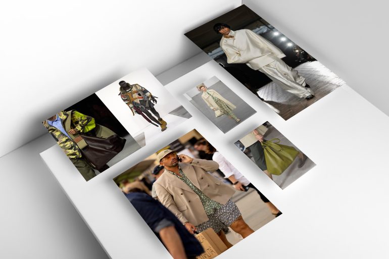 Men's Spring 2025 Overview Insights article header by Angela Baidoo with fashion photos from Ami, BlueMarble, Fendi & more