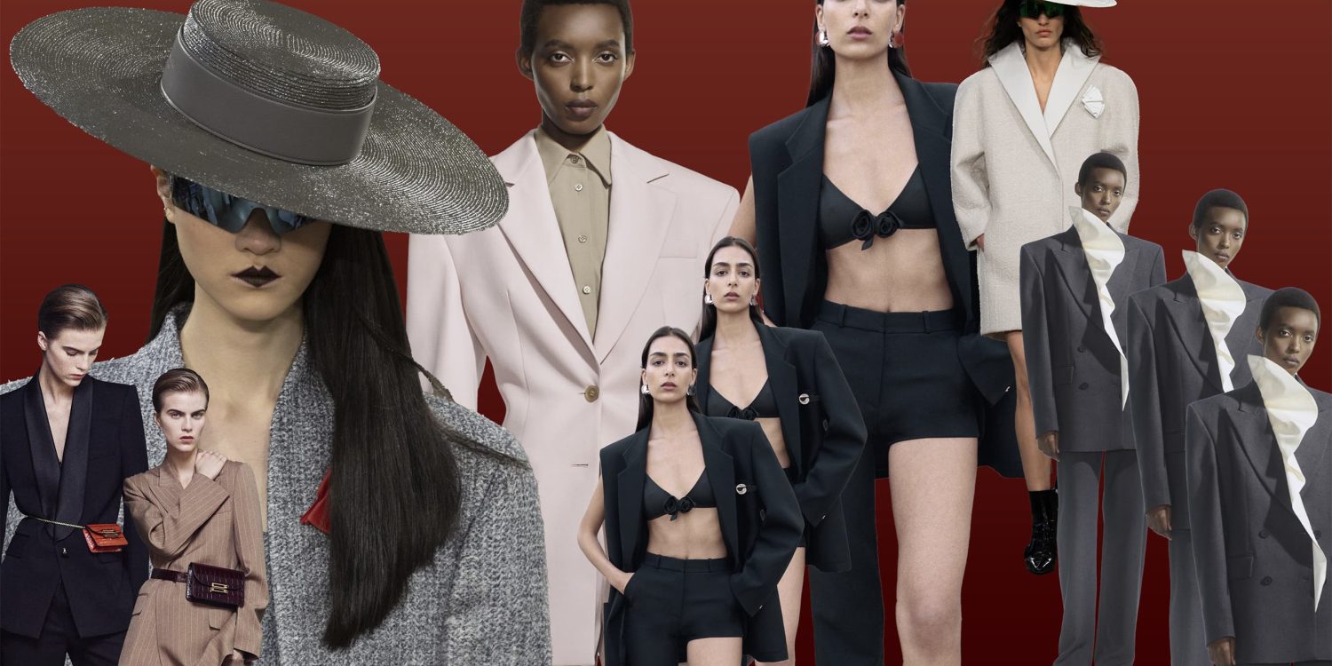 suiting reimagined resort 2025 trend header image with fashion photos from coperni, louis vuitton, del core and more