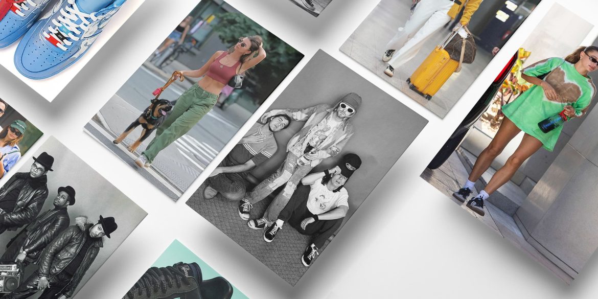 How to create a cult sneaker Insight article header with photos of Kurt Kobain, Run DMC, Gigi Hadid, Hailey Bieber and more