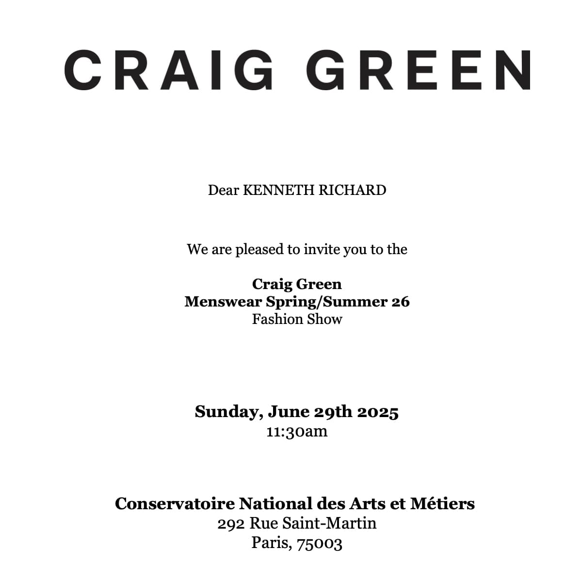 Craig Green Spring 2026 Fashion Show Invitation
