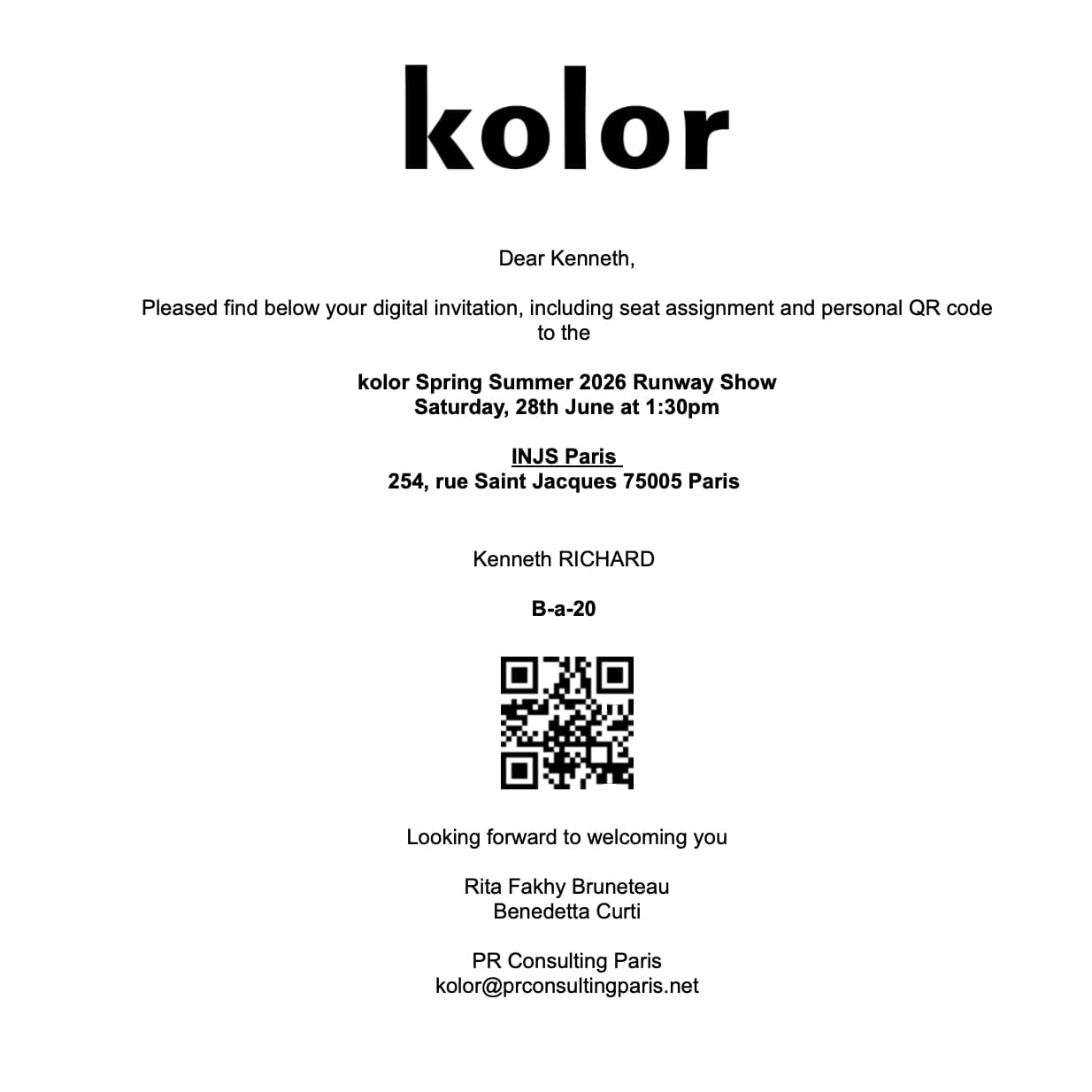 Kolor Spring 2026 Fashion Show Invitation