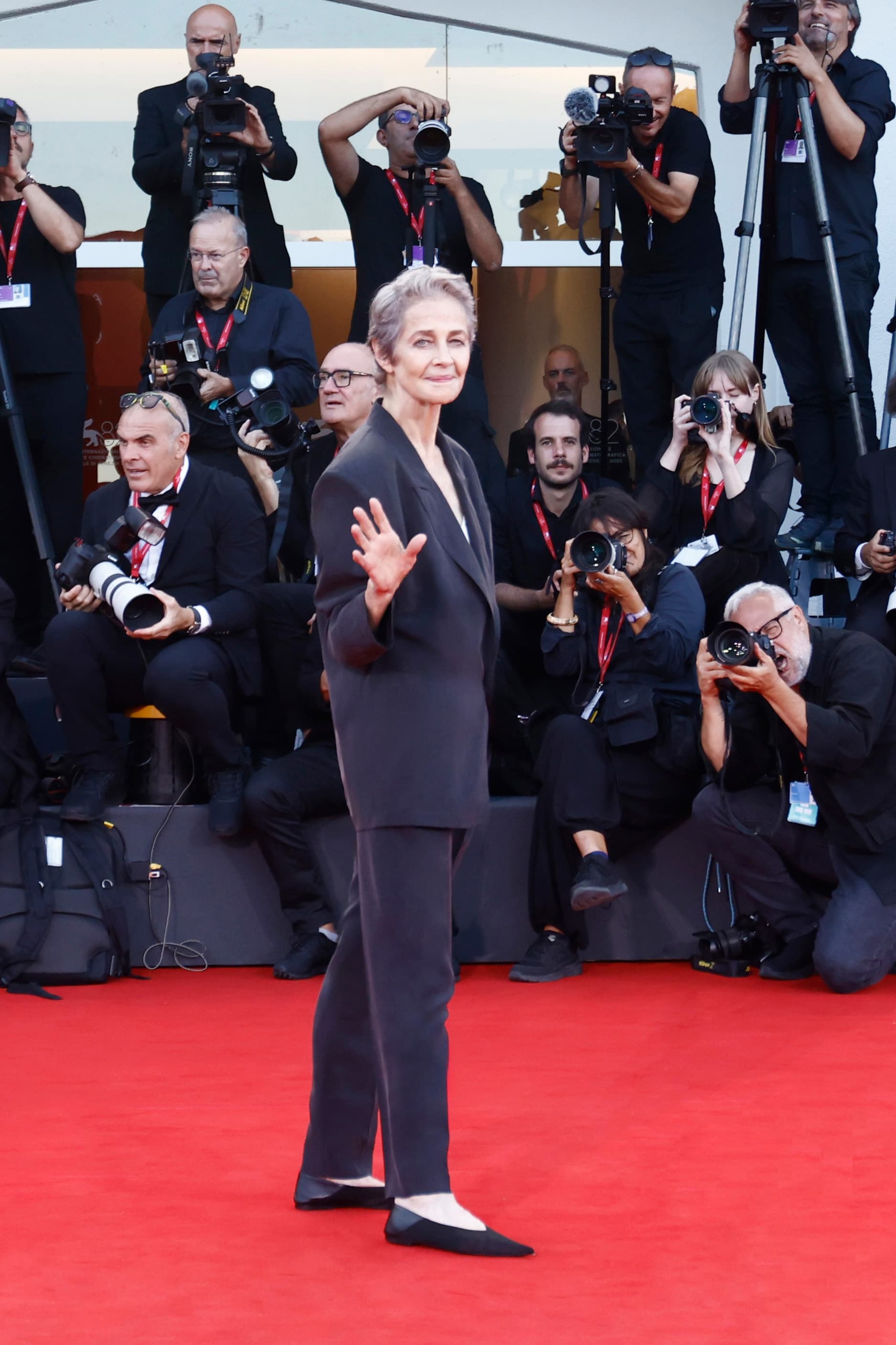 Charlotte Rampling in Saint Laurent by Anthony Vaccarello at "Father Mother Sister Brother" red carpet - 82nd Venice Film Festival