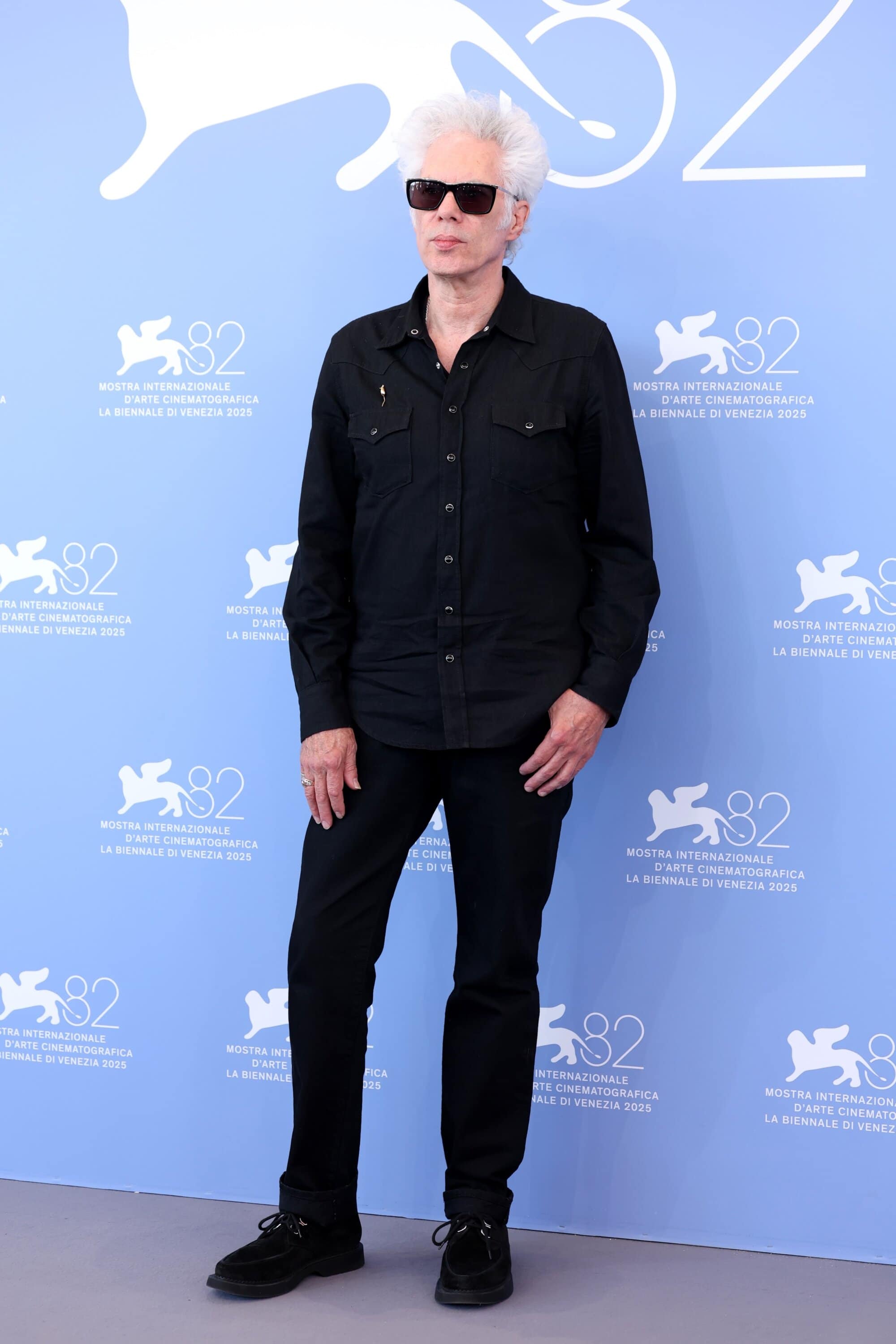 Jim Jarmusch in Saint Laurent by Anthony Vaccarello at "Father Mother Sister Brother" photocall - 82nd Venice Film Festival