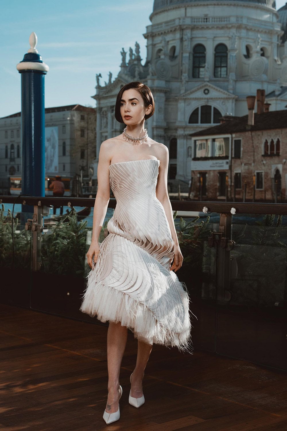 Lily Collins wears Schiaparelli to The "Emily in Paris: Season 5" Photocall