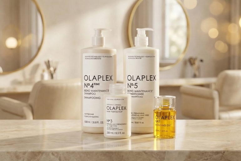 Olaplex hair care products on a bathroom counter, highlighting the acquisition deal.