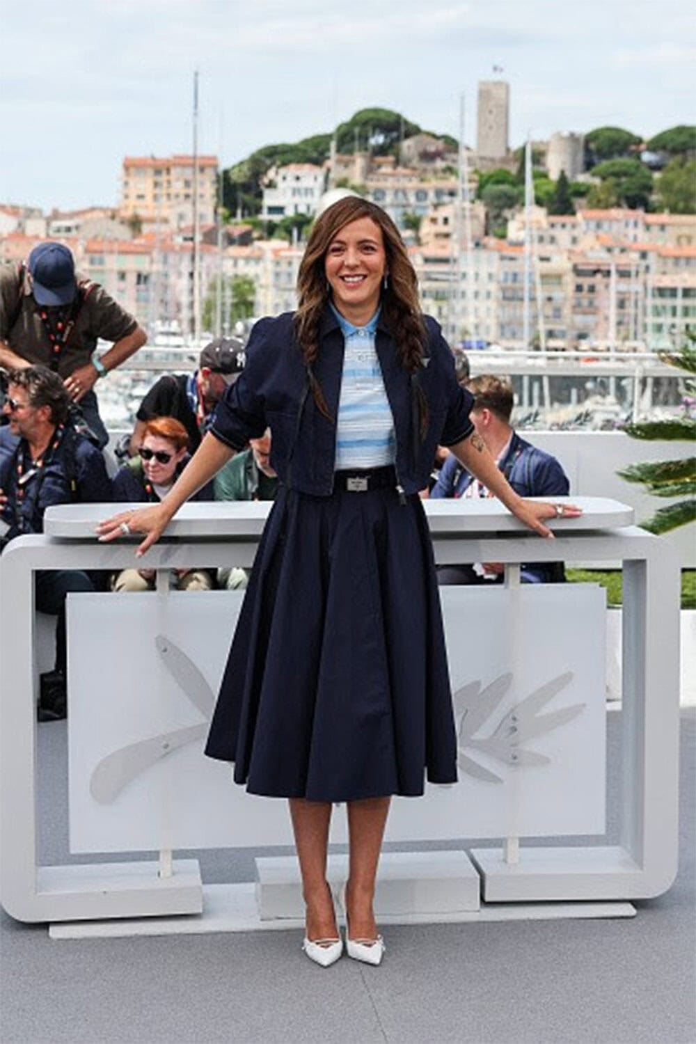 Monia Chokri wears Prada at The Camera D'Or Jury photocall at the 79th Cannes Film Festival