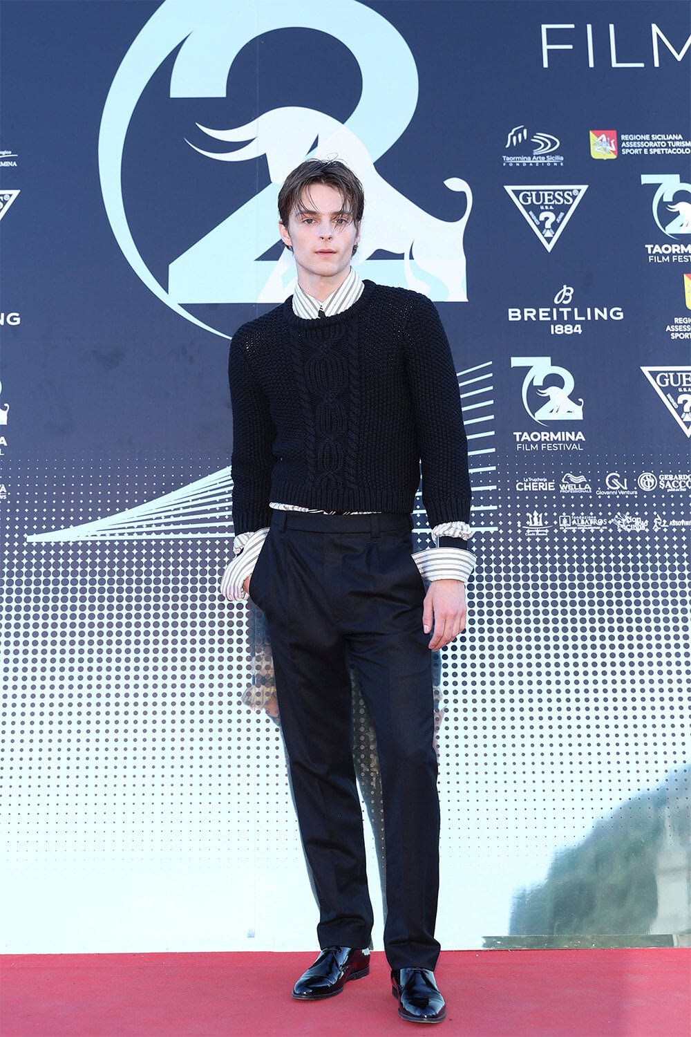 Corey Fogelmanis wears Saint Laurent at 72nd Taormina Film Festival in Taormina
