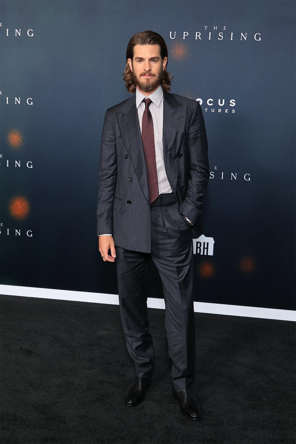 Andrew Garfield wears Loro Piana at Los Angeles Premiere of "The Uprising"